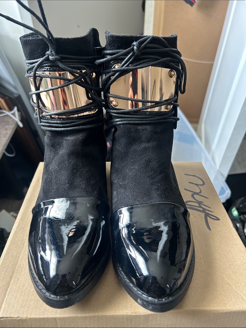 Black Suede & Patent Leather Women's Ankle Boots with Gold Accent